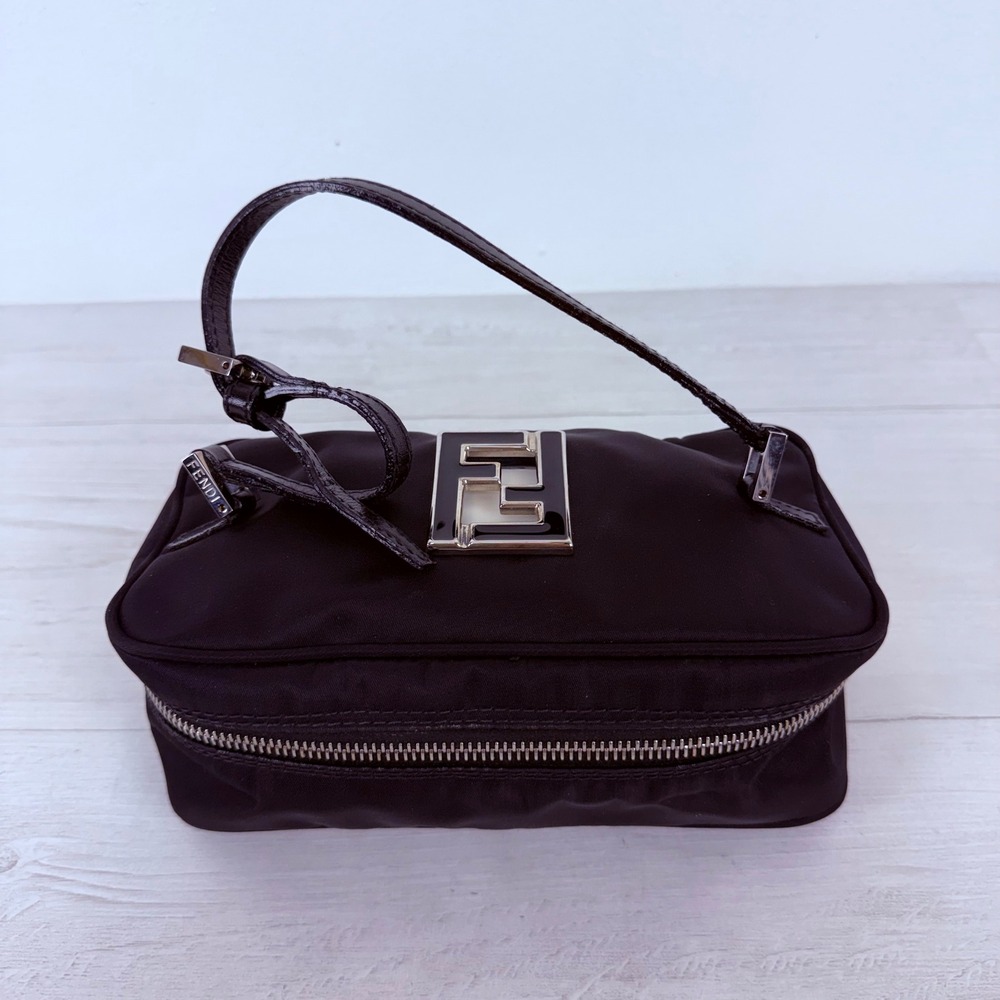 Fendi Accessory Vanity Bag Black Nylon FF Logo Cosmetic Case Minimalist Rare